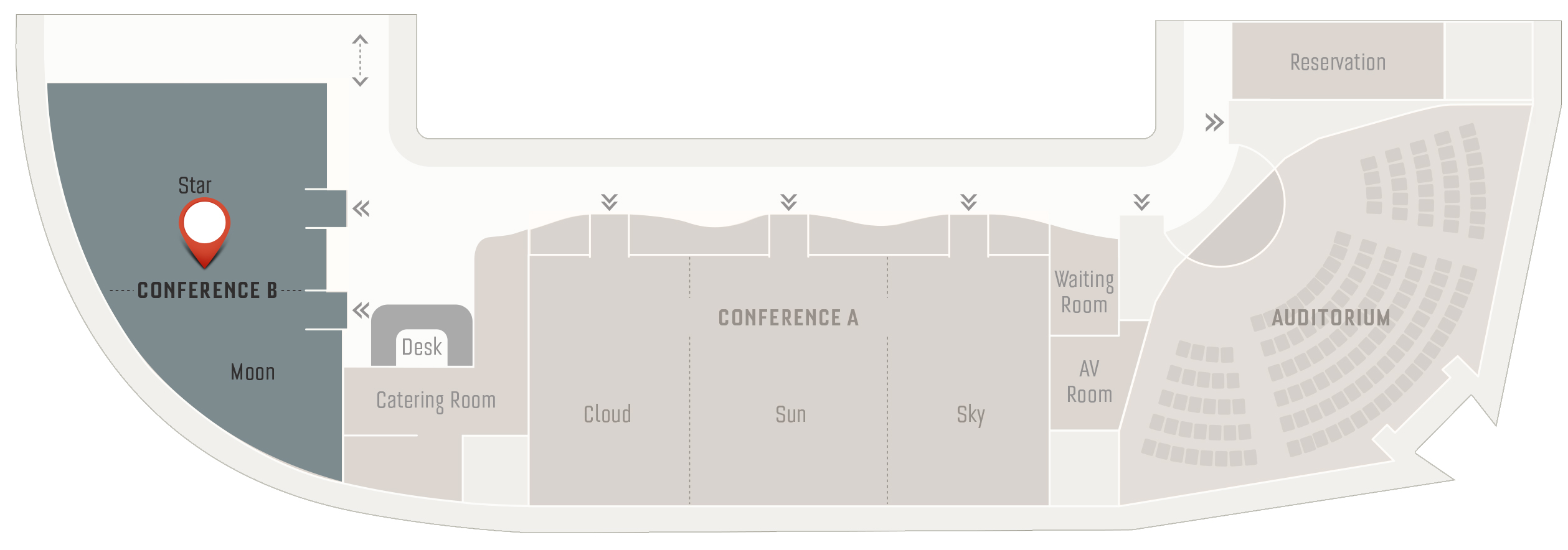 지도. CONFERENCE B는 Catering Room 옆에 위치함